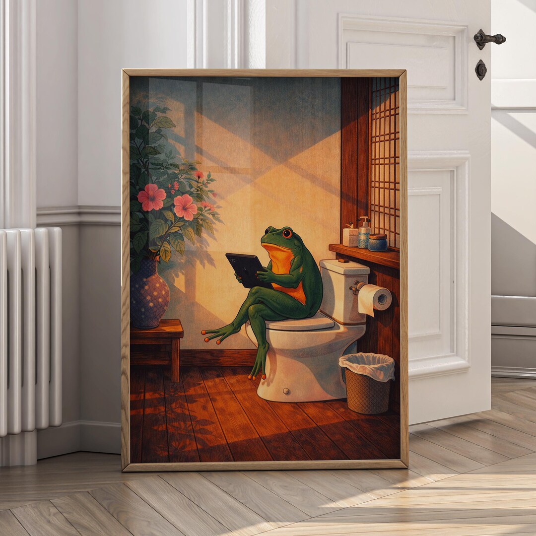 Funny Frog Bathroom Art, Frog on Toilet Reading Art Print, Whimsical ...