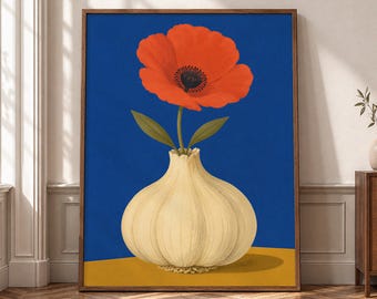 Poppy Wall Art, Garlic Vase Canvas, Floral Kitchen Poster, Blue Orange Botanical Decor, Flower Food Print, Eclectic Kitchen Art- P376