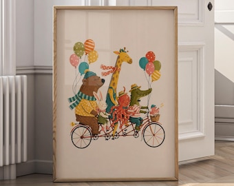 Cute Animal Bicycle Wall Art Print, Whimsical Nursery Animal Art, Kids Room Decor, Playroom Printable Poster, Animal Art - P154C
