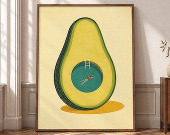 Avocado Pool Wall Art, Whimsical Swimming Canvas Print, Retro Kitchen Poster, Surreal Food Decor, Colorful Summer Artwork- P460