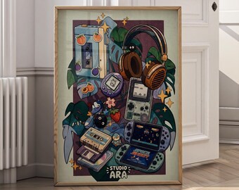 Retro Gaming Art Digital Download, Nostalgia Gamer Poster, 90s Gaming Room Decor, Vintage Tech Art Print, Tamagotchi Gameboy Artwork - P176A