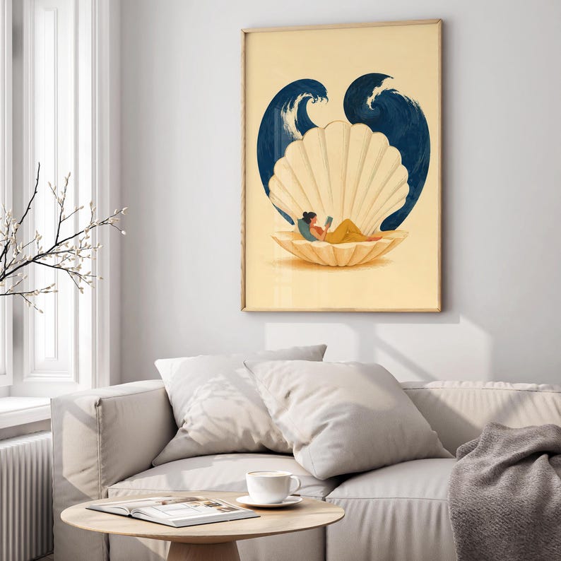 Reading Woman Wall Art, Seashell Canvas Print, Book Lover Poster, Coastal Reading Nook Decor, Relaxing Ocean Inspired Artwork P470 image 3
