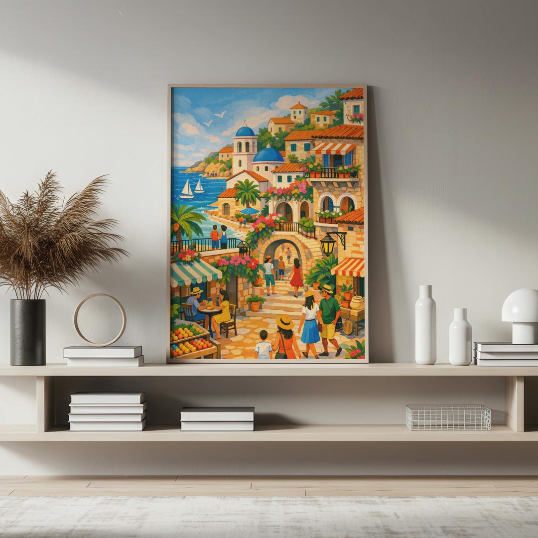 Mediterranean Coastal Village Art Printable, Vintage Travel Poster ...