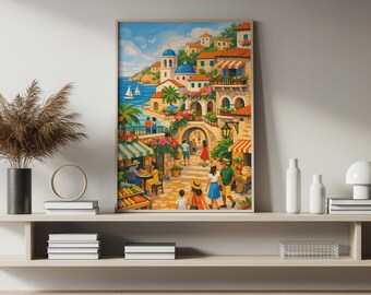 Mediterranean Coastal Village Art Printable, Vintage Travel Poster, Amalfi Coast Style Art, Summer Beach Town Print, Seaside Decor - N186A