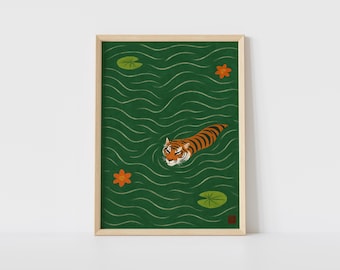 Impresión digital de tigre nadando: arte mural de tigre zen, obra de arte de naturaleza de inspiración asiática, ilustración de agua verde, arte para TV enmarcado - P18