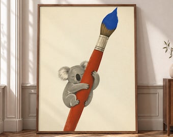 Koala Wall Art, Paintbrush Animal Canvas, Kids Creative Room Decor, Nursery Animal Poster, Artist Gift Print, Playroom Artwork- P374