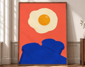 Surreal Breakfast Wall Art, Fried Egg Canvas Print, Blue Toast Poster, Quirky Kitchen Decor, Colorful Eclectic Food Artwork- P379