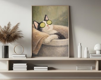 Vintage Cat Spa Wall Art Printable, Funny Relaxing Cat Poster, Cute Animal Bathroom Decor, Black White Cat Cucumber Eyes Art - N184A