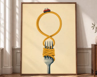 Spaghetti Fork Wall Art, Surreal Pasta Canvas Print, Retro Italian Kitchen Poster, Food Lover - P462