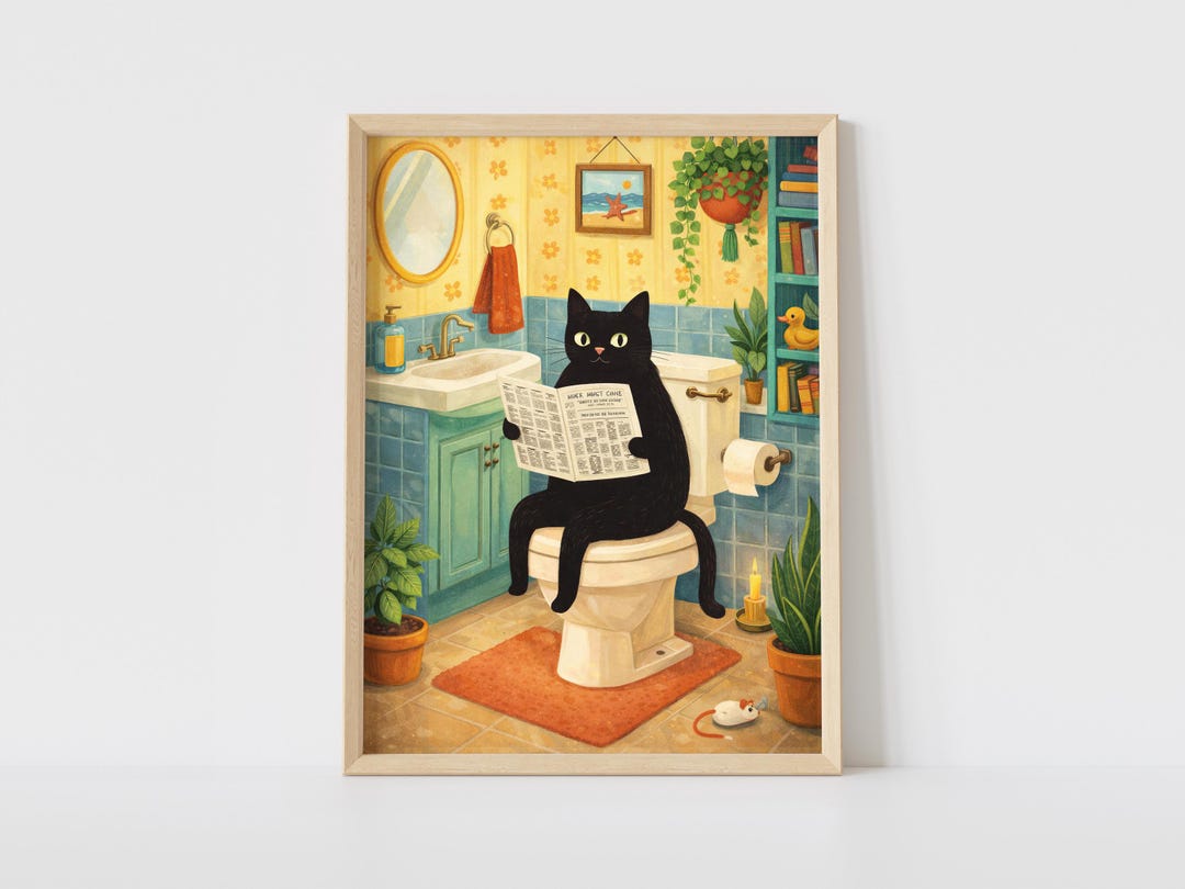 Funny Black Cat Bathroom Wall Art Print, Cat on Toilet Reading ...