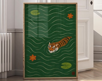 Impresión en lienzo de tigre nadando: arte de pared con animales zen asiáticos, arte minimalista de naturaleza verde, póster de tigre de estilo japonés, decoración moderna - P18