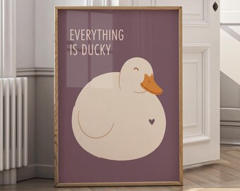 Everything Is Ducky Wall Art, Cute Duck Print, Nursery Animal Poster, Minimalist Kids Room Decor, Funny Bathroom Canvas, Gift - P216A