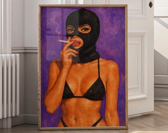 Masked Woman Art Canvas Print, Bold Feminine Smoking Art Poster, Dark Aesthetic Modern Wall Decor, Contemporary Figurative Artwork - P81