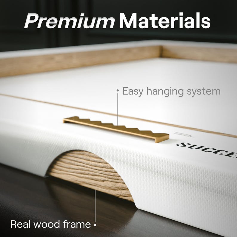 Pu&ograve; includere: Primo piano di una stampa su tela con superficie bianca e vera cornice in legno. Il testo "Premium Materials" &egrave; in alto. La stampa presenta un facile sistema di sospensione.