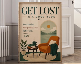 Get Lost In A Good Book Wall Art, Reading Quote Print, Cozy Reading Nook Decor, Book Lover Gift, Library Wall Decor, Literary Canvas - P211A