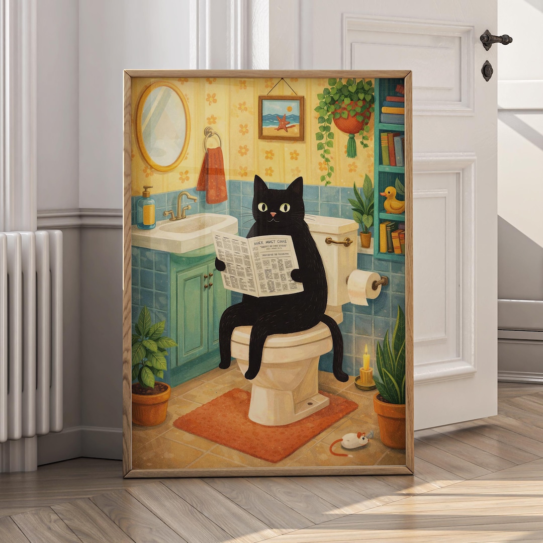 Black Cat Bathroom Wall Art Canvas Print, Funny Cat Poster, Whimsical ...