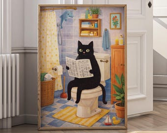 Funny Cat Bathroom Art, Black Cat Toilet Print, Vintage Style Humor Poster, Cute Animal Art, Bathroom Decor, Quirky Cat Illustration - P124B