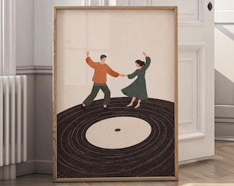 Dancing on a Vinyl Wall Art, Couple Dance Illustration, Retro Music Art Print, Minimalist Canvas Print, Vintage Turntable Poster - P112A