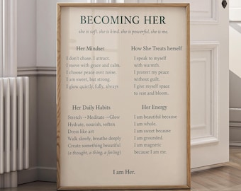 Becoming Her Motivational Quote Wall Art – Feminine Empowerment Canvas Print, Self Love Affirmation Poster, Minimal Modern Decor
