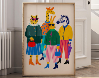 Whimsical Animal Fashion Wall Art Print, Colorful Modern Nursery Decor, Playful Animal Illustration Canvas Poster - P26