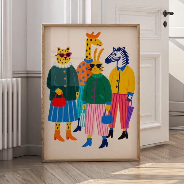 Whimsical Animal Fashion Wall Art Print, Colorful Modern Nursery Decor, Playful Animal Illustration Canvas Poster - P26