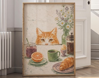 Vintage Cat Kitchen Wall Art Printable, Cute Orange Cat Art, Cottagecore Kitchen Decor, Breakfast Coffee Illustration, Animal Poster - P116B