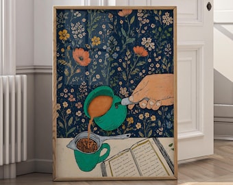 Stampa artistica da parete a tema caffè, stampa per cucina accogliente, arte per l'ora del tè, illustrazione floreale a tema caffè, arredamento cottagecore, download digitale - P189A
