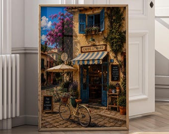 Italian Cafe Wall Art Printable, Mediterranean Street Art Print, Tuscany Cafe Digital Download, European Village Artwork - P178A