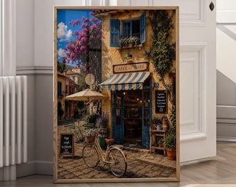 Italian Coastal Cafe Wall Art, Mediterranean Street Canvas Print, Vintage European Cafe Poster, Rustic Italy Town Artwork - P178A