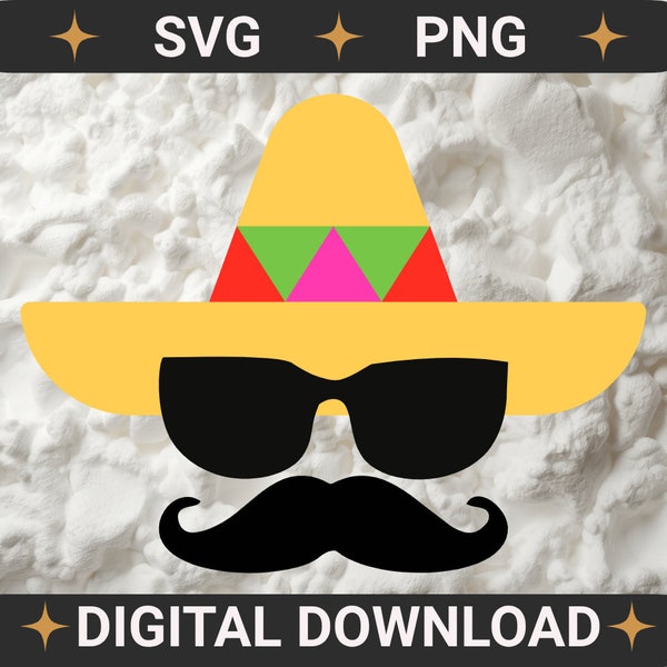 Cinco de Mayo Face, Mexican Hat SVG, Fiesta, Sombrero and Moustache, Instant Download, Cinco de Mayo Shirt, Cinco de Mayo PNG