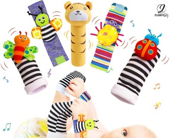 Indigo Baby Gift Foot Finder Socks Wrist Rattles Tiger Hand Rattle Sensory Development Giftset Toy for Newborn Baby 0-3 3-6 6-9 9-12 Months