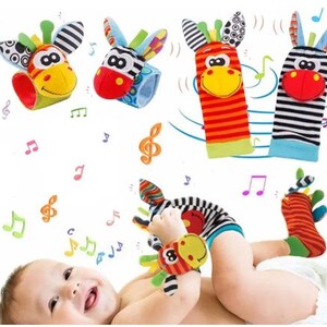 Indigo Baby Gifts 4pc Foot Finder socks Wrist Rattles. Babies Sensory Developmental Giftset Toy for Newborn Baby Gifts 0-6 6-9 9-12 Months image 4