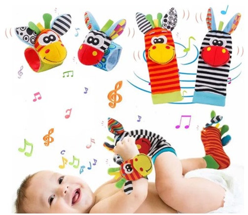 Indigo Baby Gifts 4pc Foot Finder socks Wrist Rattles. Babies Sensory Developmental Giftset Toy for Newborn Baby Gifts 0-6 6-9 9-12 Months image 4