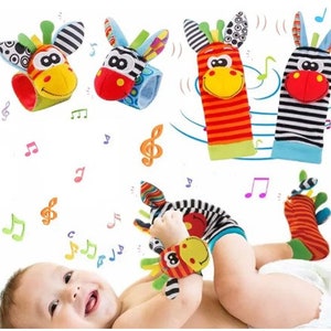 Indigo Baby Gifts 4pc Foot Finder socks Wrist Rattles. Babies Sensory Developmental Giftset Toy for Newborn Baby Gifts 0-6 6-9 9-12 Months image 1