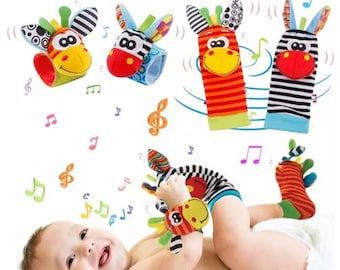 Indigo Baby Gifts 4pc Foot Finder socks Wrist Rattles. Babies Sensory Developmental Giftset Toy for Newborn Baby Gifts 0-6 6-9 9-12 Months