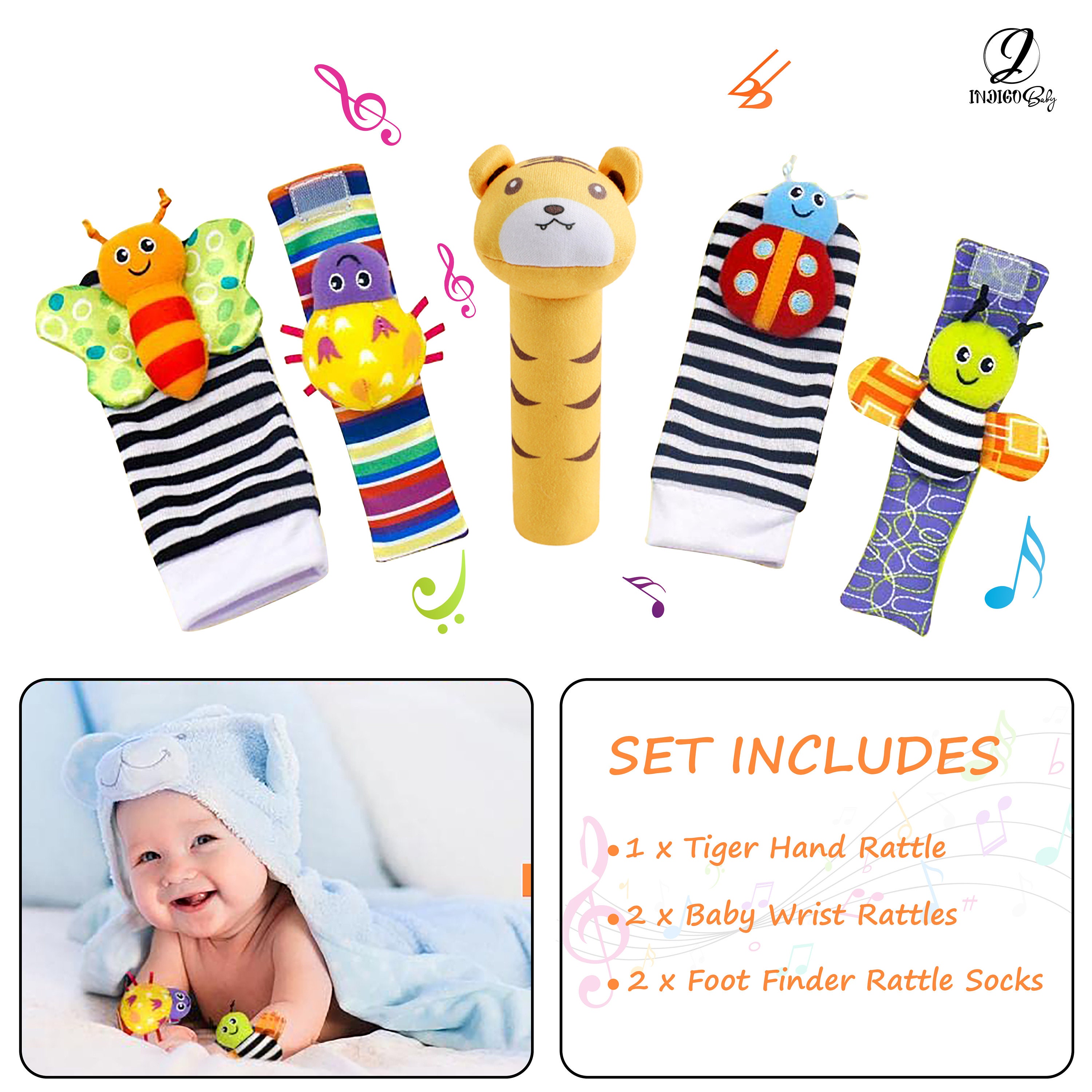 Indigo Baby Gift Wrist Rattle Foot Finder Sock, Tiger Hand Rattle ...