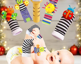 Indigo Baby Gift Wrist Rattle Foot Finder Sock, Tiger Hand Rattle Sensory Giftset Toy for Newborn Baby Shower Gift 0-3 3-6 6-9 9-12 Months