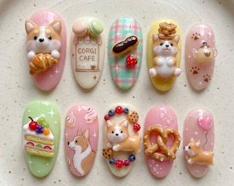 Kawaii Corgi Press On Nails with Cafe Dessert Theme Cute Dog Nails Pastel Food Nails Handmade Glue On Nails