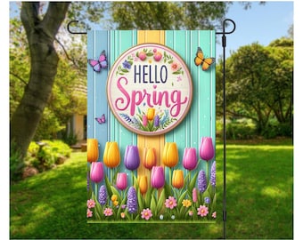 Double Sided Spring Garden Flag Decor Hello Spring Flowers Tulips