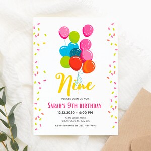 9 Invitación cumpleaños DESCARGA INMEDIATA, noveno cumpleaños, editable CANVA, invitación globos, cumpleaños niños, globos, confetti