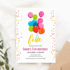 5th Birthday Invitation INSTANT DOWNLOAD fifth birthday invite, editable CANVA, Balloons Birthday Invite, Kid Birthday, balloons, confetti
