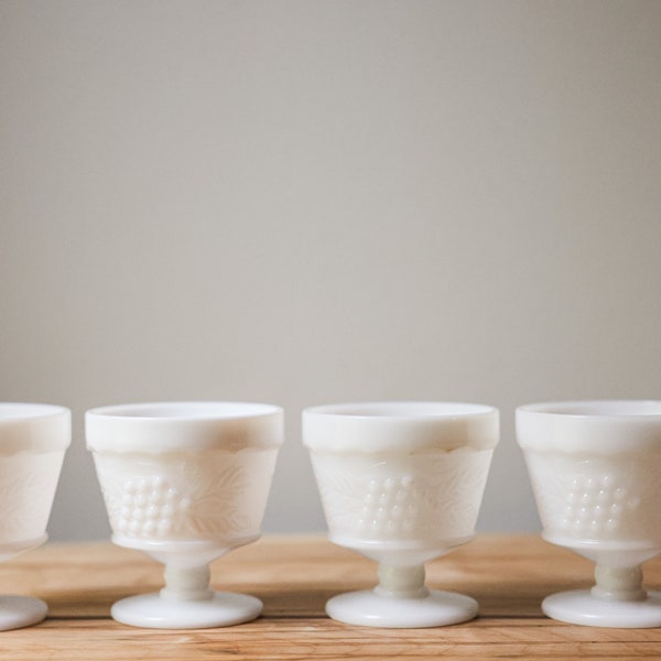 VINTAGE Milk Glass. Anchor Hocking Harvest Grape Pattern.  Milk Glass Bowls Dessert/Sorbet Footed Cups (Set of 4) EXCELLENT CONDITION.