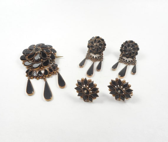 Plated Onyx Brooch Earring Set - image 1