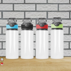 May include: Four stainless steel water bottles with different coloured lids. The lids are light blue, black, red and green.