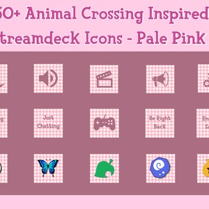 Puede incluir: Un conjunto de 15 iconos de Stream Deck con estampado de vichy rosa y blanco inspirados en Animal Crossing. Los iconos presentan varios símbolos y textos, incluyendo una luna creciente, un altavoz, una claqueta, un megáfono, un engranaje, un signo de exclamación, una mariposa, una hoja verde, una espiral azul y una estrella dorada. Los iconos están dispuestos en una cuadrícula de cinco filas y tres columnas. Tom Nook, un personaje de Animal Crossing, se muestra en el lado derecho de la imagen.
