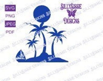 Sailboat, Palm Trees, Island, Nautical, Ocean, Beach Life, Ocean Life, Svg Files, Instant Download, Svg Cameo, Svg Cricut, Sealife, Tropical