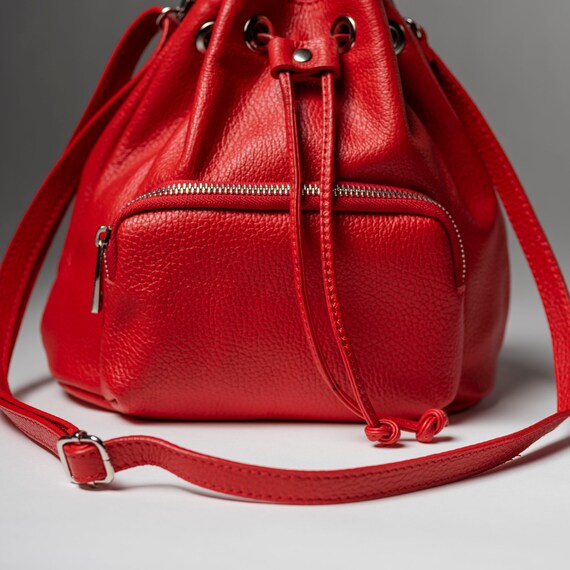 Red leather bucket bag deals