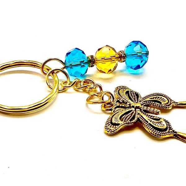Radiant Wings Keychain; Embrace Transformation with Yellow + Turquoise Glass Beads & Butterfly Charm! Like a Butterfly, You Are Meant to Fly