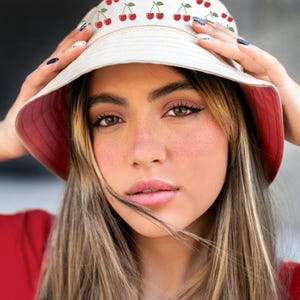 Cherry Print Bucket Hat with Red Brim | Trendy Y2K Cherry Aesthetic | Cute Summer Hat for Women