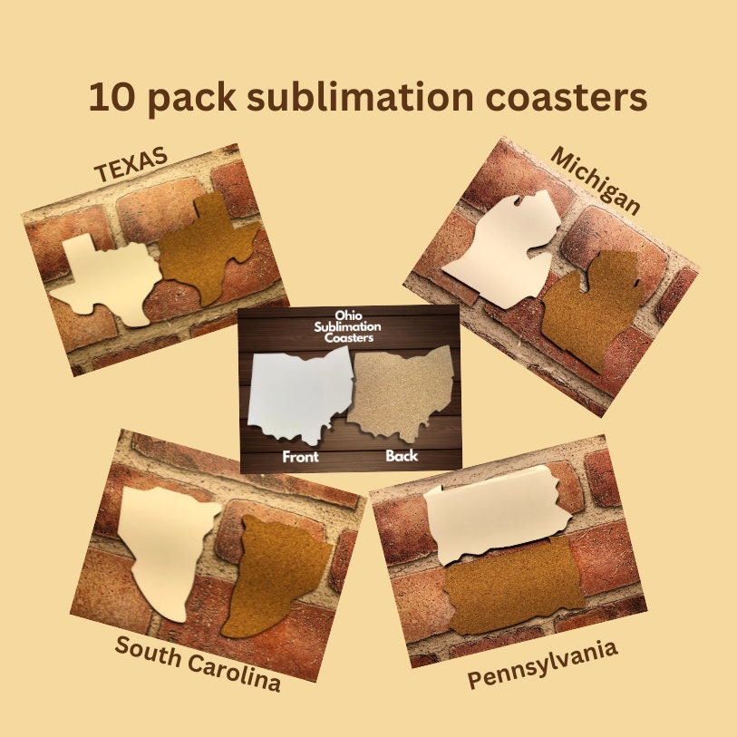 State Blank Sublimation Coasters, Glossy Coasters, Ohio, Michigan, Texas,  South Carolina and Pennsylvania Coaster, 10 Pack Coasters. 
